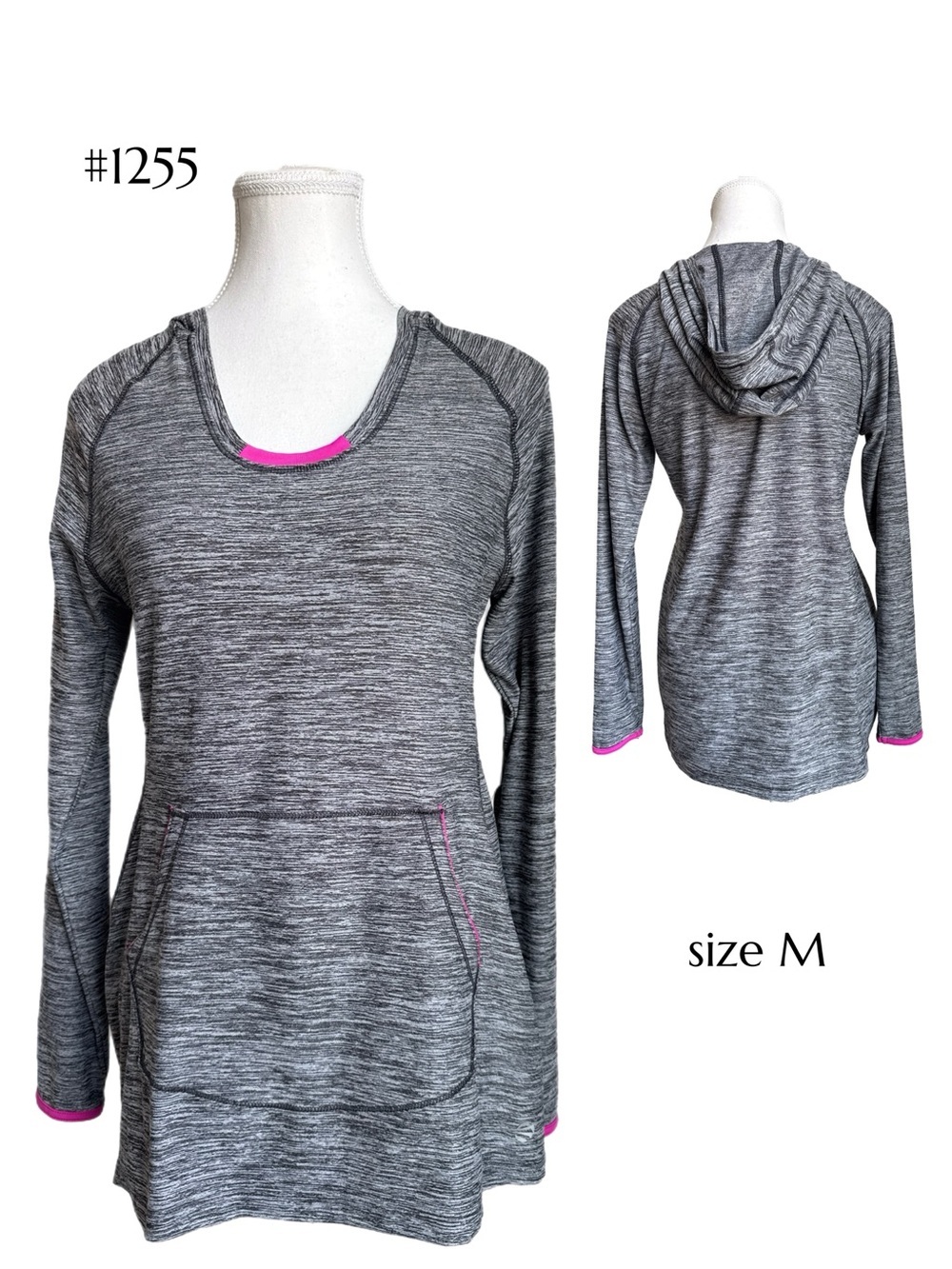 Active Gray Hooded Long-Sleeve Tunic with Pink Trim